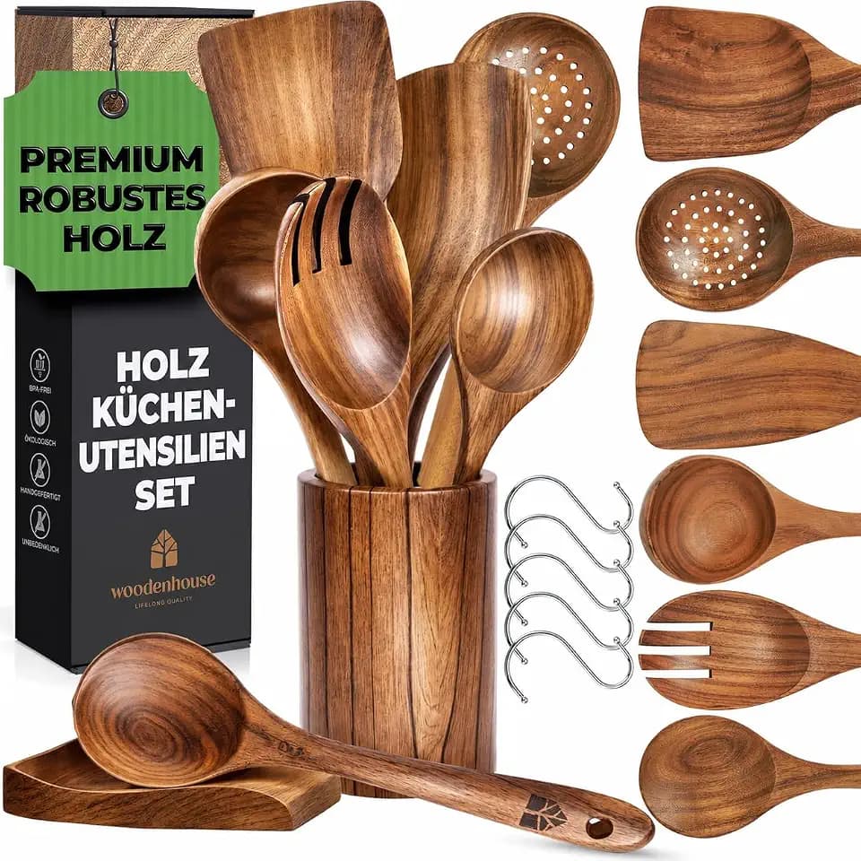 Holz Kochbesteck-Set mit Halter, Pfannenwender Kochlöffel Schöpfkelle Nudelheber Servierlöffel Sieb – mit Haken, Halter und Ablage – 13-teiliges-Set Küchenset – hochwertig & nachhaltig