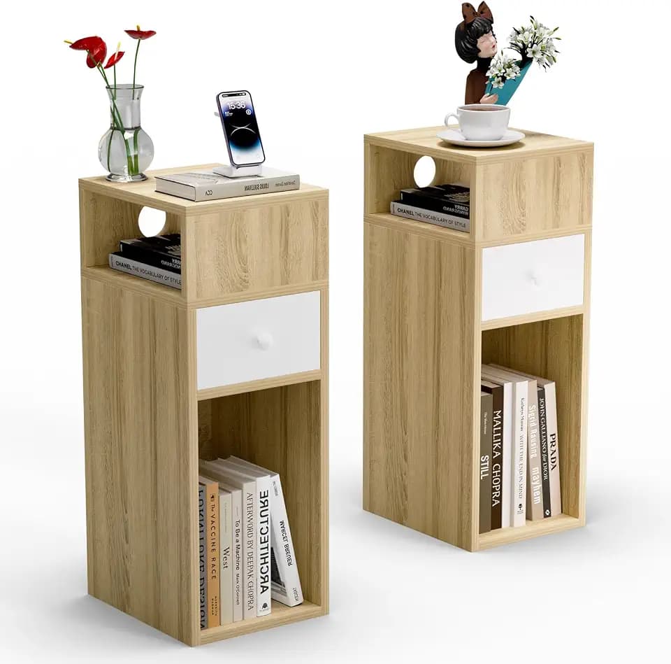 VOUNOT® Nachttisch 2er Set, Schmal, Beistelltisch mit 2 offenem Fach & 1 Schublade, Modern Nachtschrank, Nachtkästchen für Schlafzimmer, Wohnzimmer, 25x30x66cm Natur