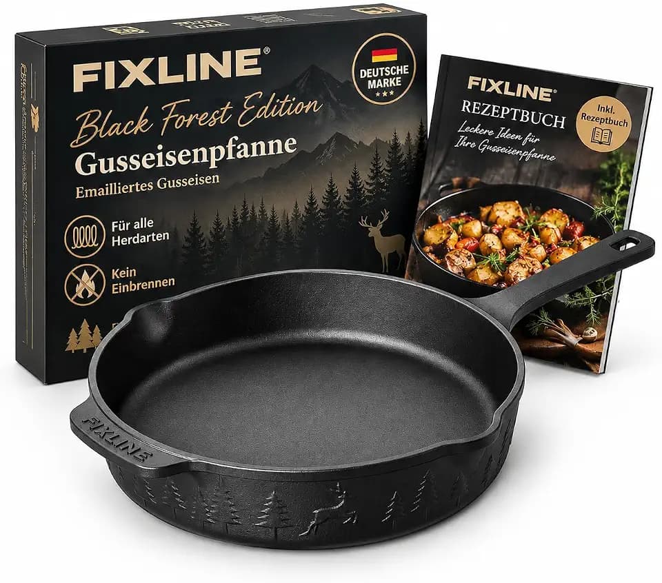 FIXLINE® Gusseisenpfanne in BLACK FOREST Edition 28cm - ORIGINAL - Induktion - Alle Herdarten inkl. Induktion - Emailliert - Kein Einbrennen nötig - Inklusive Rezeptbuch - Perfekte Geschenkidee