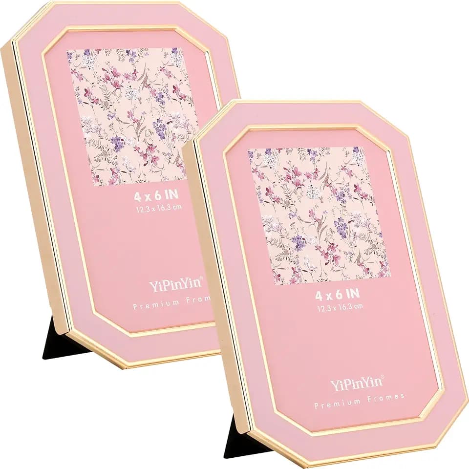 YiPinYin 4x6'' Pink Enamel Picture Frames 2 Pack with Gold Metal Plated Edge,HD-Real Glass & Velvet Back,Octagon Shape,Light Pink Décor Photo Frame,Tabletop & Vertical Wall Mount