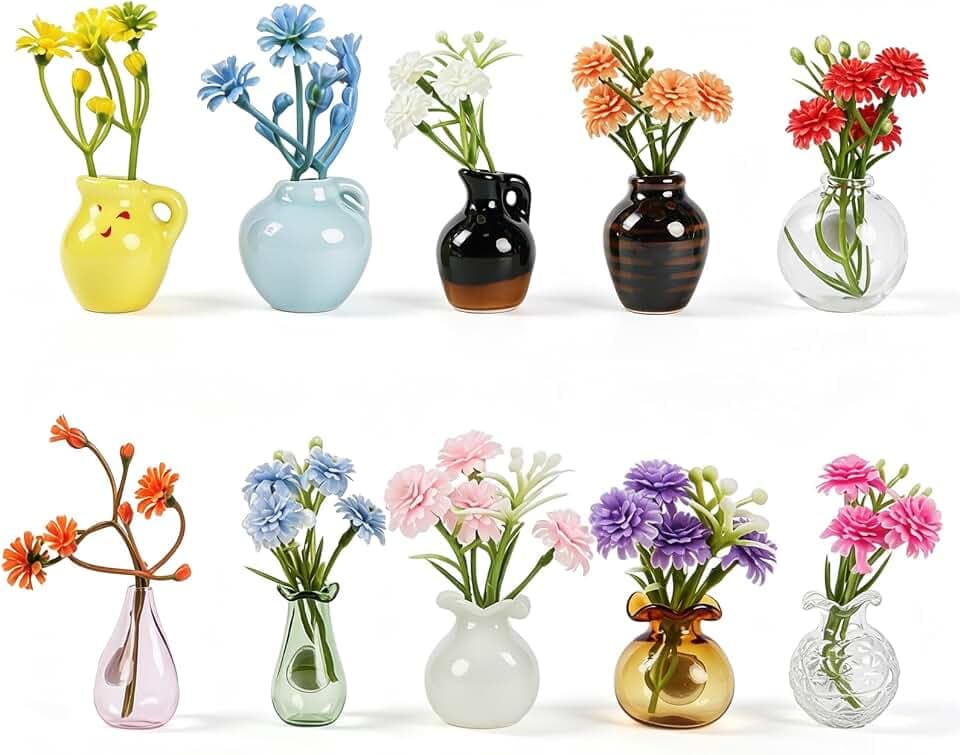 10Pcs Cute Mini Vase Fridge Magnets with Artificial Flowers,Miniature Ceramic and Glass Bud Vase Decoration,Refrigerator Magnets Vases for Refrigerator Kitchen Locker Office Whiteboard