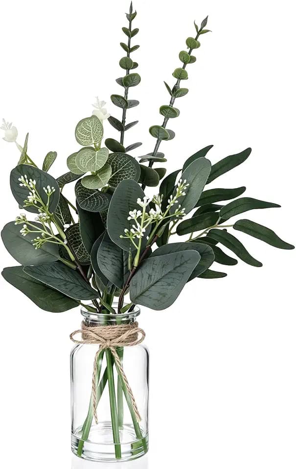 Thiccywoov 4 Kind Artificial Eucalyptus Stems in Glass Vase with Faux Water