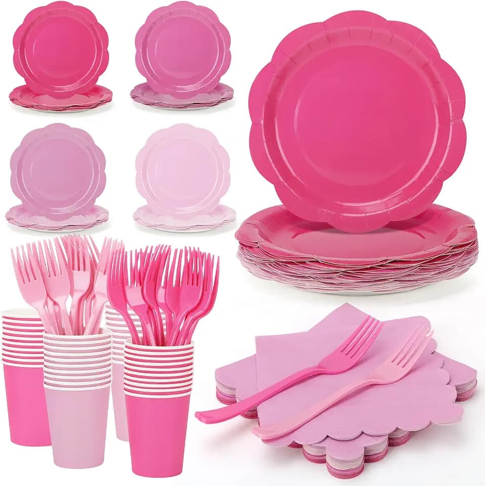 Pink Plates and Napkins Party Supplies, 9’’Disposable Pink Paper Plate, Gradient Pink Party Decorations Tableware Set for Birthday, Baby Shower, Wedding, Serves 48