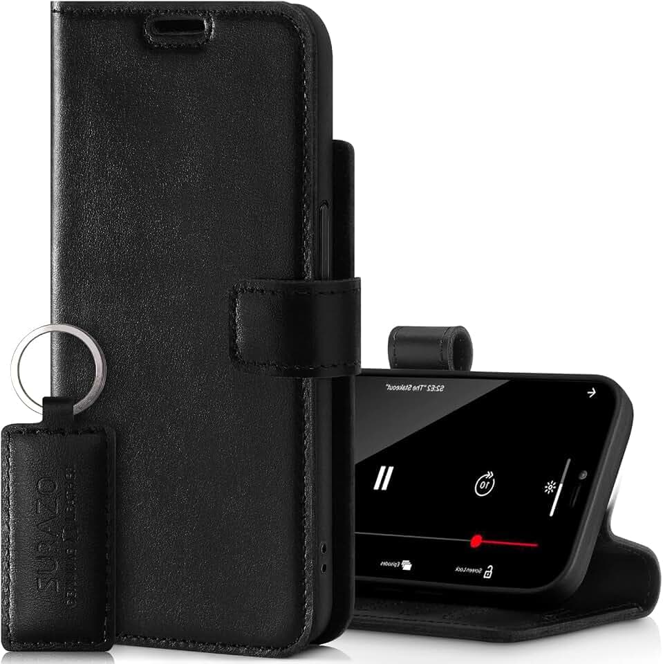 SURAZO Premium Handyhülle für Apple iPhone 14 Plus Hülle Leder – Klappbare Echtleder Schutzhülle [mit Magnet, Kartenfach, RFID Schutz, Keyring] Klapphülle Wallet Case Cover Lederhülle (Costa Schwarz)