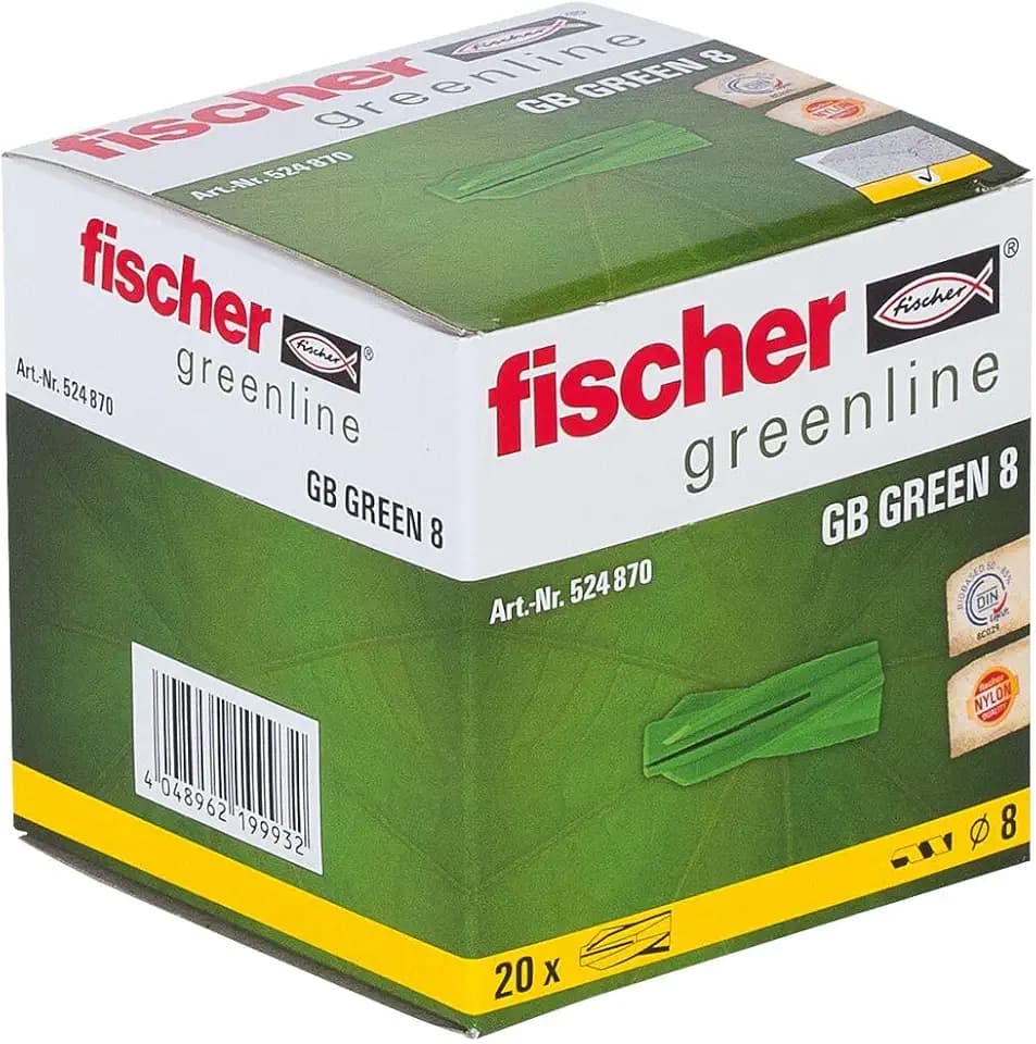 fischer Gasbetondübel GB Green 8, Dübel aus mind. 50% nachwachsenden Rohstoffen zum Befestigen von Briefkastenanlagen, Elektroinstallationen uvm. in Porenbeton, 20 Stück