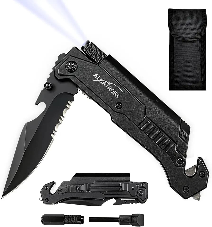 ALBATROSS 7-in-1 Folding Pocket Knife for Men with Glass Breaker, Black