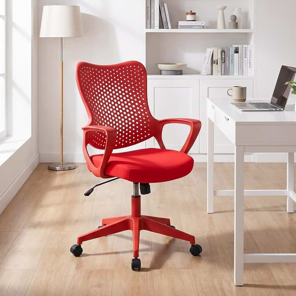 FANTASK Bürostuhl ergonomisch, Schreibtischstuhl mit atmungsaktiver Mesh-Rückenlehne, höhenverstellbarer Drehstuhl mit Wippfunktion bis 150 kg belastbar, Computerstuhl für Home-Office (Rot)