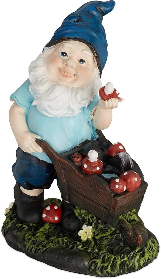 Relaxdays Gartenzwerg mit Pilzen, wetterfest, frostsicher, HBT 14,5 x 10,5 x 7 cm, Gartenfigur Wichtel, Kunststein, bunt