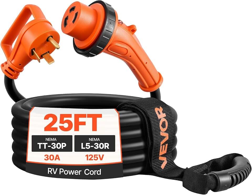 VEVOR 30 Amp 25 Feet RV Power Cord, 125V 3750W, Heavy Duty 10/3 Gauge STW Generator Cord, NEMA TT-30P to NEMA L5-30R, with Twist Lock, Indicator Light, Grip Handle, 15A Adapter, for RV Trailer, Black