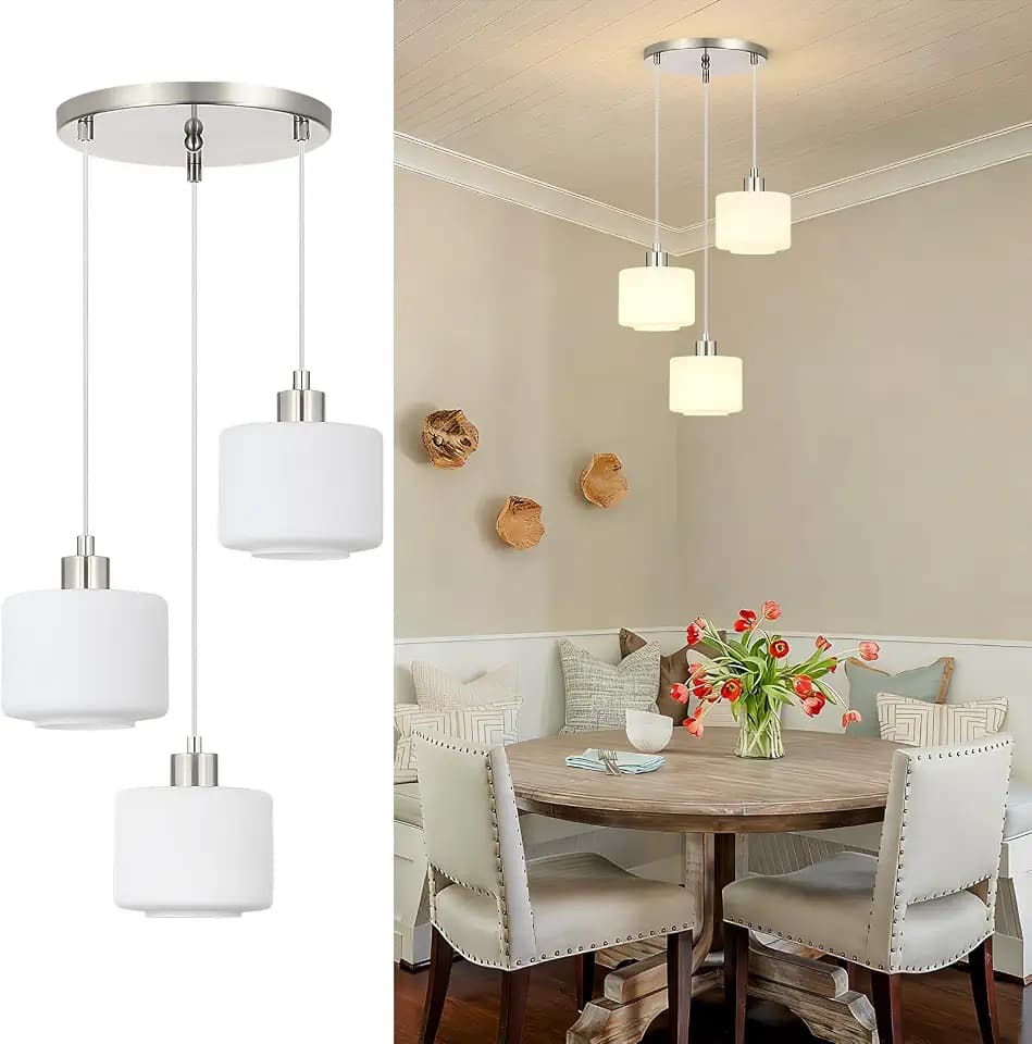 Brushed Nickel Dining Room Chandelier Light Fixture, 3-Light Pendant Lighting with Milk Glass, Modern Kitchen Island Cluster Hanging Pendant Lights for Kitchen Dining Room, OS-YQ8153-3BNW