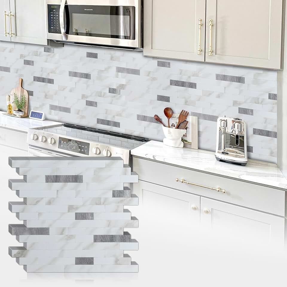 10 Sheets Premium Peel and Stick Backsplash, White Marble Look with Metal Silver Stick on Wall Tiles Upgrade Your Kitchen Backsplash, RV, Fireplace, Bathroom