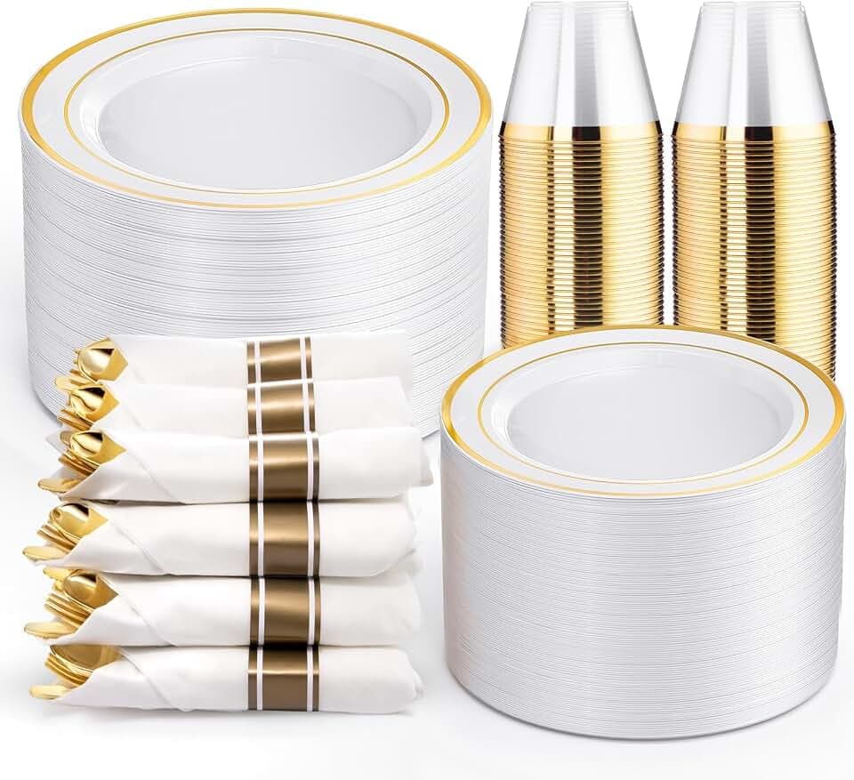 WELLIFE Disposable Plates & Gold Silverware Set, 350 Pieces for 50 Guests