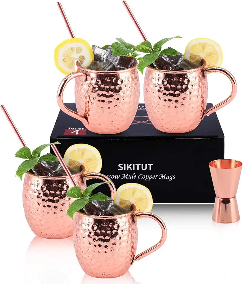 Moscow Mule Becher 4er Set, Handgefertigt Kupferbecher, 550ml Cocktail Set mit: 4 Hochwertige Kupferne Gläsern, 4 Cocktailstrohhalme und 1 Jigger