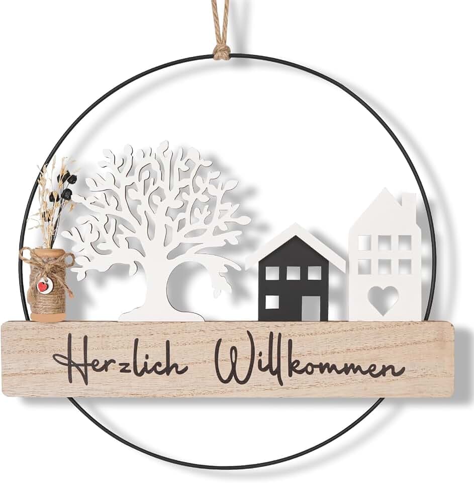 Trockenblumenkranz, Türkranz Häuser, Türkranz Herzlich Willkommen Trockenblumen Fensterdeko Hängedeko Personalisiert Dekokranz mit Willkommensschild Trockenblumen Lebensbaum und Haus (28cm)