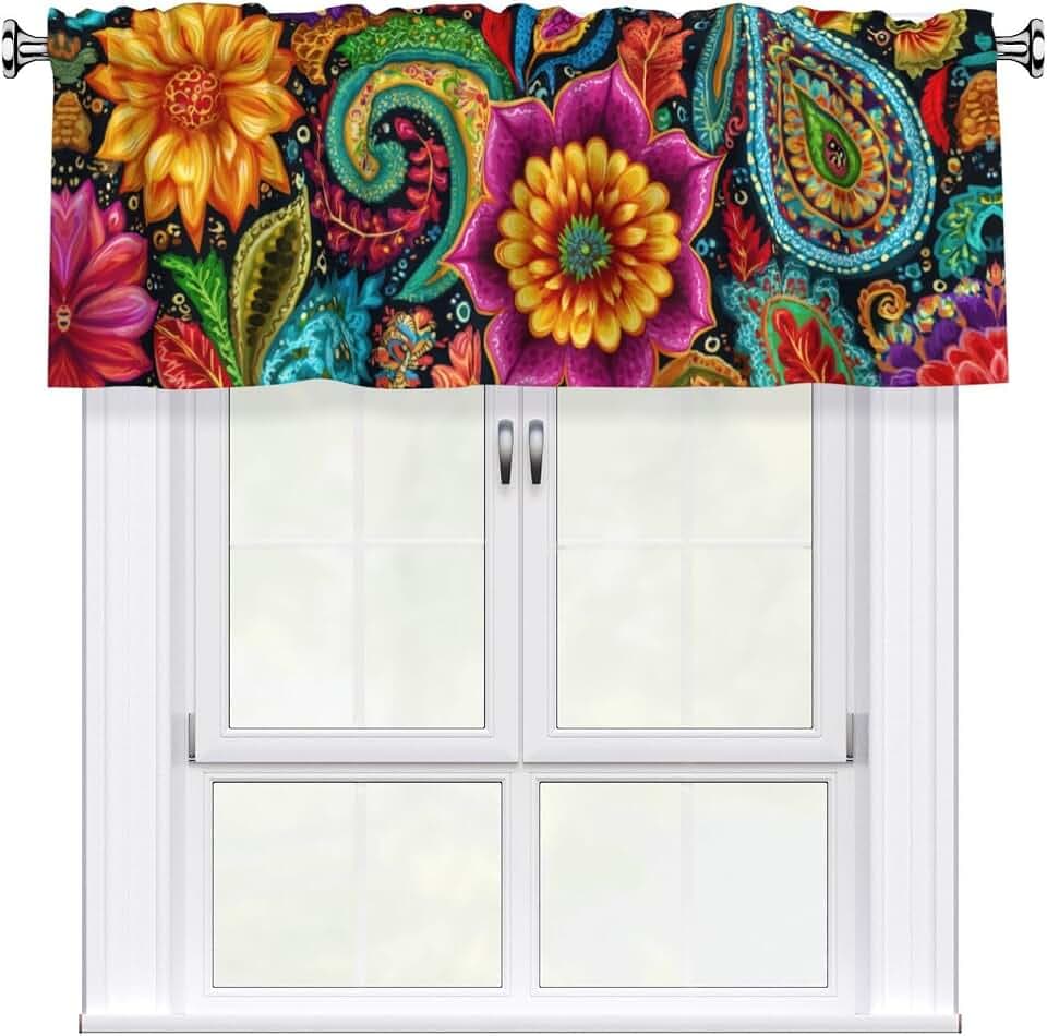 Worltoldb Boho Floral Curtain Valance Short Rod Pocket Window Treatment for Living Room Bedroom Kitchen Bathroom 1 Panel 54" W x 18" L