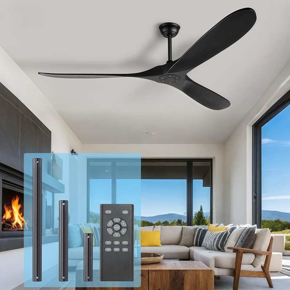 52 Inch Black Ceiling Fan No Light ，Wood Outdoor Ceiling Fans for Patios 3 Blade Propeller Reversible Modern Ceiling Fan Without Light for Living Room Bedroom with Remote