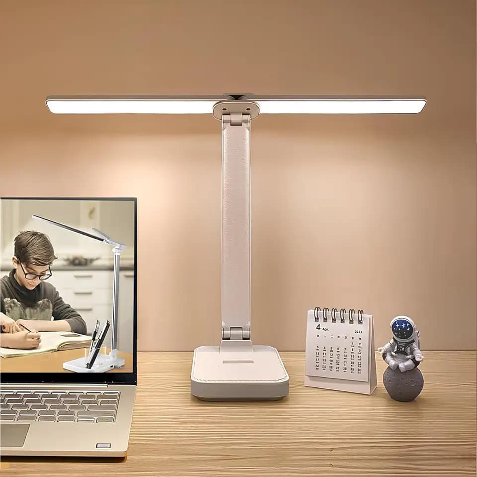 40CM Schreibtischlampe LED, Dimmbar 3 Farb, 4000mAh Doppelkopf Tischlampe, Augenschutz Bürolampe, USB-Ladeanschluss, Tischlampe mit Sockel für Arbeit, Haus, Büro, Schlafsaal, Studie, Lektüre