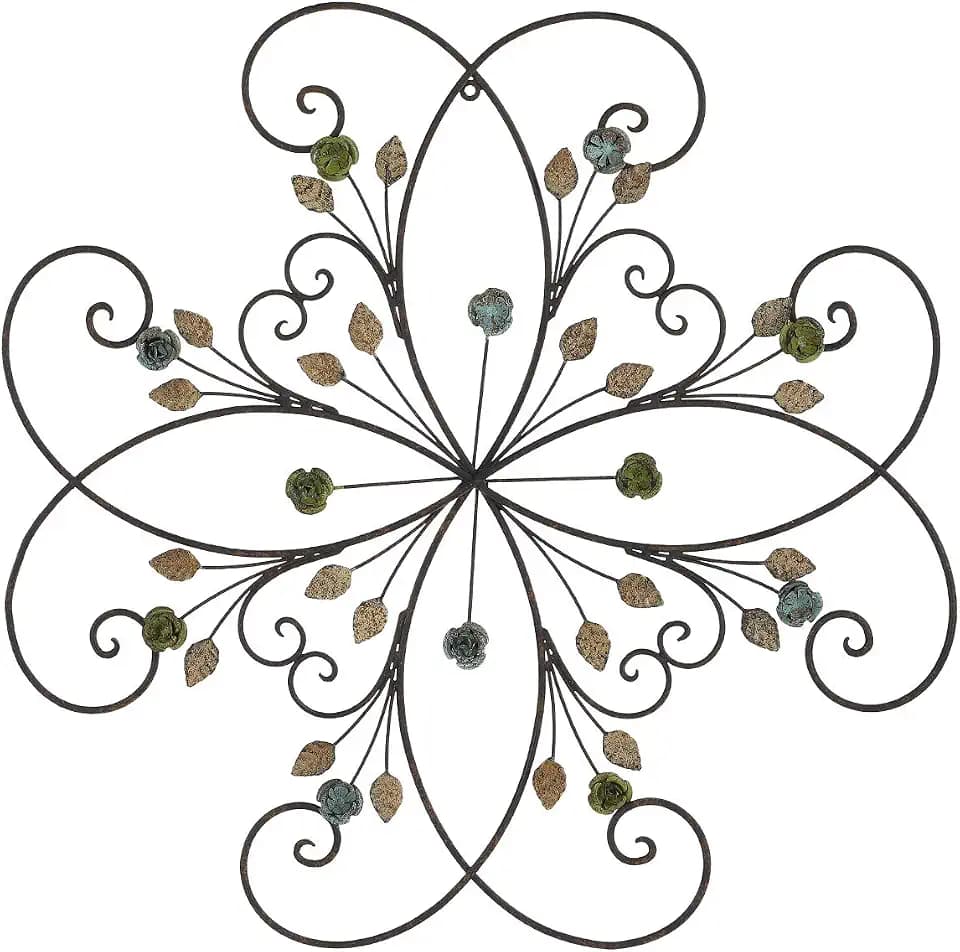 KUWIVO Lechesis 24" Metal Flower Scroll Wall Art Decor Sculptures with Rust Leaf for Living Room Bedroom