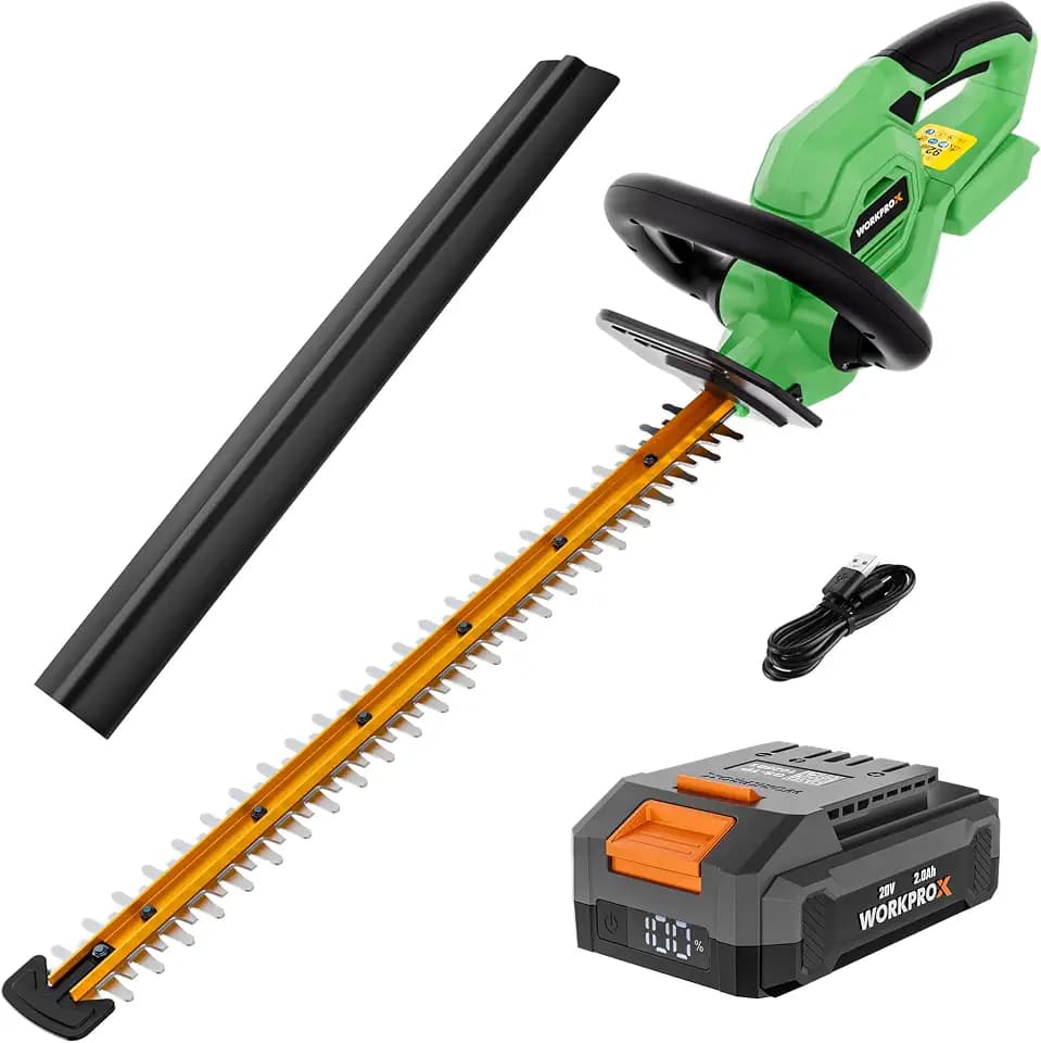 WORKPROX Heckenschere Akku 20V mit 2,0Ah Batteie & Typ-C Ladekabel, Elektrischer Heckentrimmer Schnittlänge 51cm, Schneidedurchmesser 18mm, Heckenschneider Ideal für Garten, Hecken & Sträucher