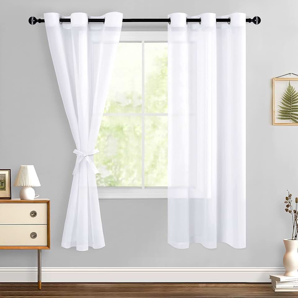 Hiasan White Sheer Curtains with Tiebacks, Grommet, W36 x L72, 2 Panels
