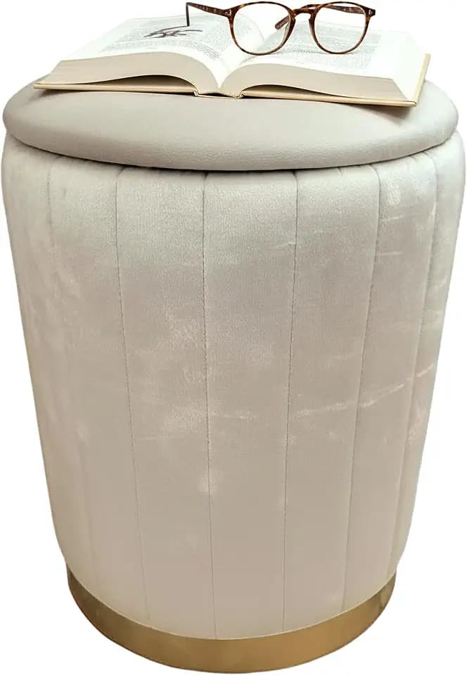 Relaxdays Hocker Samt, Sitzhocker mit Stauraum, gepolstert, HxD: 42 x 32 cm, runder Beistellhocker, Wohnzimmer, beige