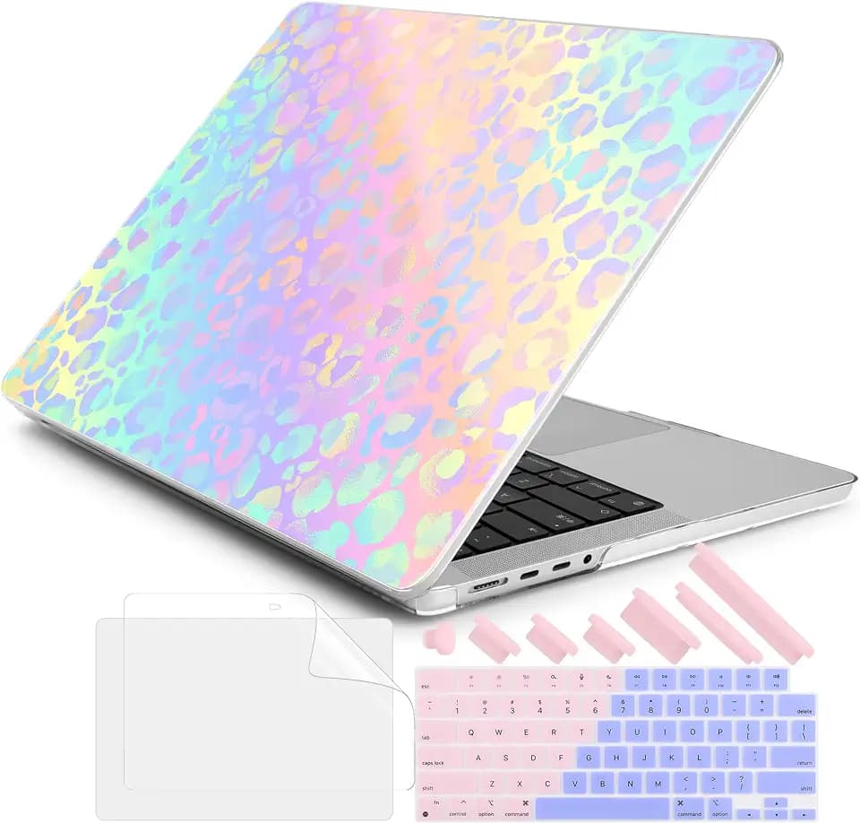 DONGKE Case for MacBook Pro 14 Inch (2026-2021 Release, M5 M4 M3 M2 M1 Pro/Max Chip), Plastic Slim Hard Shell Protective Cover with Keyboard Cover & Screen Protector, Leopard Print