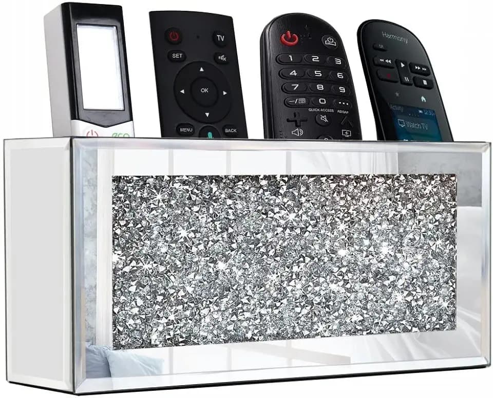 Mirrored Remote Holder, Wall Mounted Crush Diamond Bling Decoration Organizer Storage Box for Remote Phone Pad Wallet Notebook (8.3"×2.5"×4" For 3 or 4 Remote Controls)