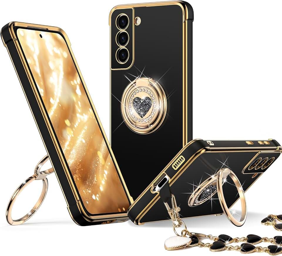 XYZ Schutzhülle für Galaxy S21 Plus mit Ständer, Schutzhülle für Samsung S21 Plus mit Doppelring, luxuriöse Schutzhülle für Frauen und Mädchen, Herz-Design für Samsung Galaxy S21 Plus, Schwarz