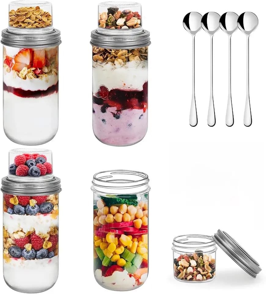 4er Overnight Oats Gläser 600ml+100ml, Joghurtbecher to go mit Doppelschicht-Design und Edelstahlöffel, Trocken- und Nass-Trennung BPA-frei, Müslibecher für Schule/Büro/Picknick