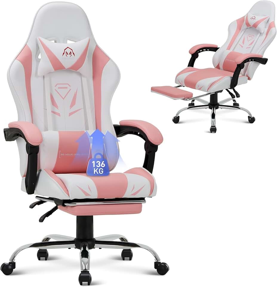 COLAMY Gaming Stuhl, Computer Stuhl mit Fußstütze und Lendenwirbelstütze, höhenverstellbarer Gaming Chair mit 360°-Drehsitz und Kopfstütze, Video Gamer PC Stuhl, Ergonomische hohe Rückenlehne, Rosa
