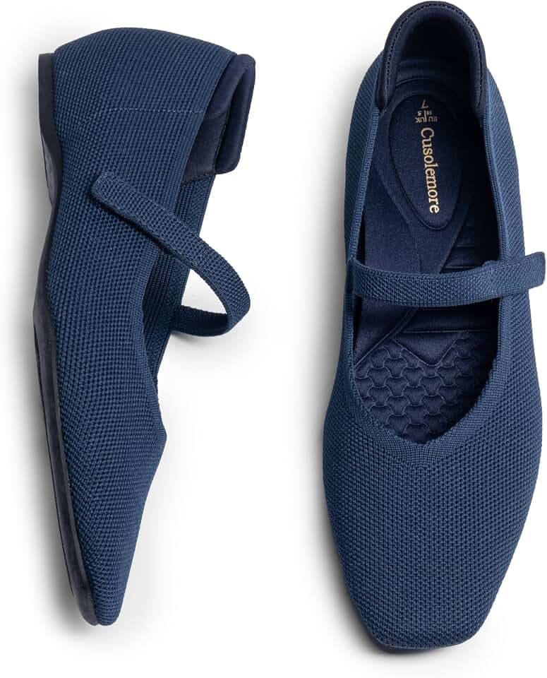 Cusolemore Mary Jane Flat Shoes for Women with Arch Support and Concealed Low Wedge Heel, Comfortable Women Square Toe Ballet Flats Knit Dress Shoes