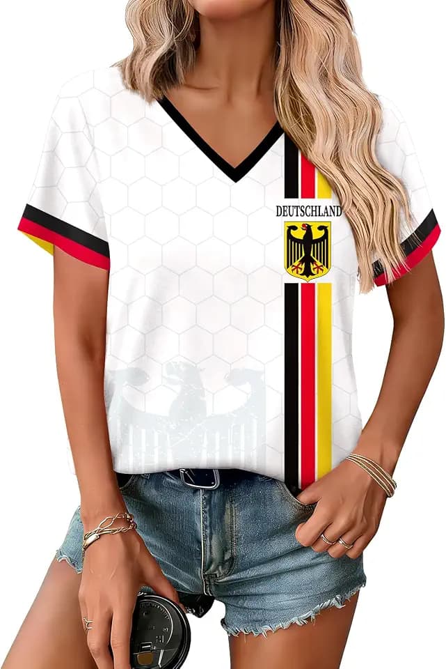 Damen T-Shirt Fußball Cup 2026 - Match Day Fan-Shirt - Kurzarm Grafik Oberteil Schwarz-Rot-Gold Deutschland A3 L