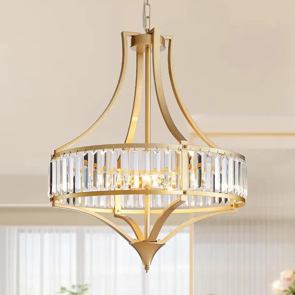 Crystal Chandeliers for Dining Room 21.6" Rustic Farmhouse Chandelier with Round Metal Shade 6-Light Large Gold Dining Room Light Fixture for Kitchen, Hallway, Bedroom, Foyer