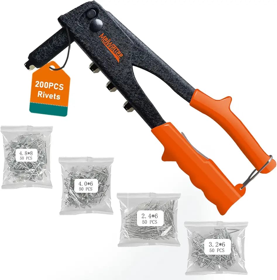 Blindnietzange Set 4 - in -1, Nietzange Set Mit 200 Nieten in 4 Größen 2,4 MM -3,2 MM - 4,0 MM - 4,8 MM, Langlebig und geeignet für Metallarbeiten, Automotive und Andere Gängige DIY-Projekte