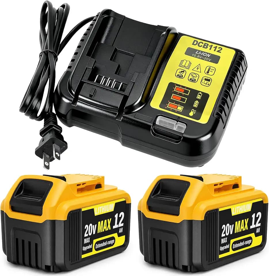 2-Pack 12000mAh 20V Max Lithium-Ion Battery & Charger Combo, High Capacity Replacement for DEWALT 20V MAX Battery Power Tools, Fast Charging Included