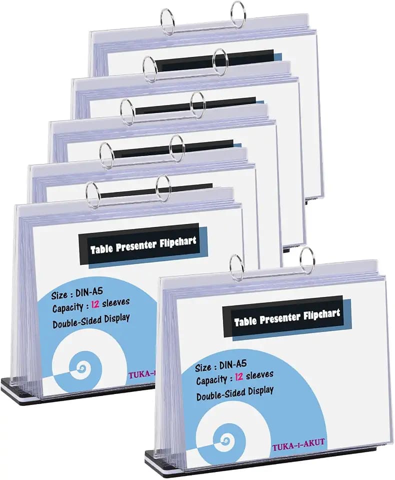 TUKA-i-AKUT 6er A5 Quer Tisch-Flipchart aus Acryl mit Basis, 12 Hüllen je T Form Desktop Flip Chart, Beidseitig Präsentation Flipchart, Aufstellringbuch, Tischaufsteller A5 Quer, TKD8210-A5-12F-6x
