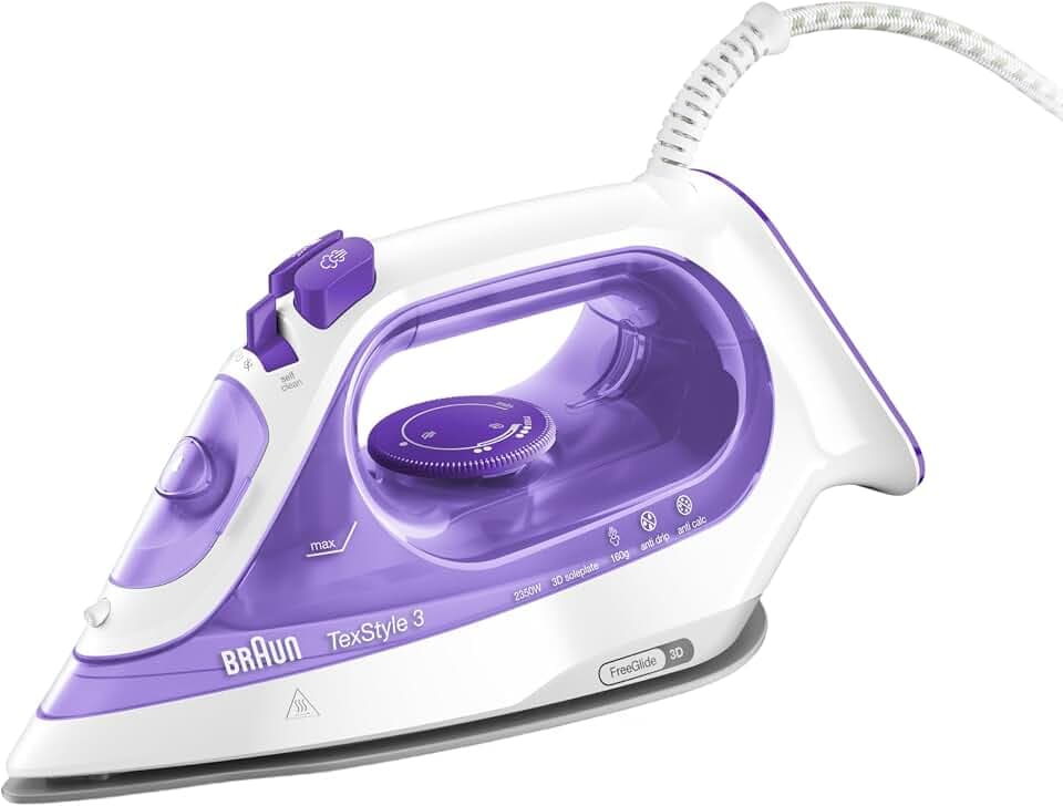 Braun Dampfbügeleisen TexStyle 3 SI3042VI, FreeGlide 3D SuperCeramic Sohle, Präzisionsspitze, ergonomischer Griff, Dampf von 160 g/min, 270ml Wassertank, 2350W, Violett