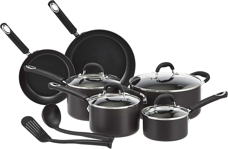 Amazon Basics Non-Stick Cookware Set, Pots and Pans with Lids, Hard Anodized Aluminum, Dishwasher Safe, Oven Safe, Black, 12-Piece