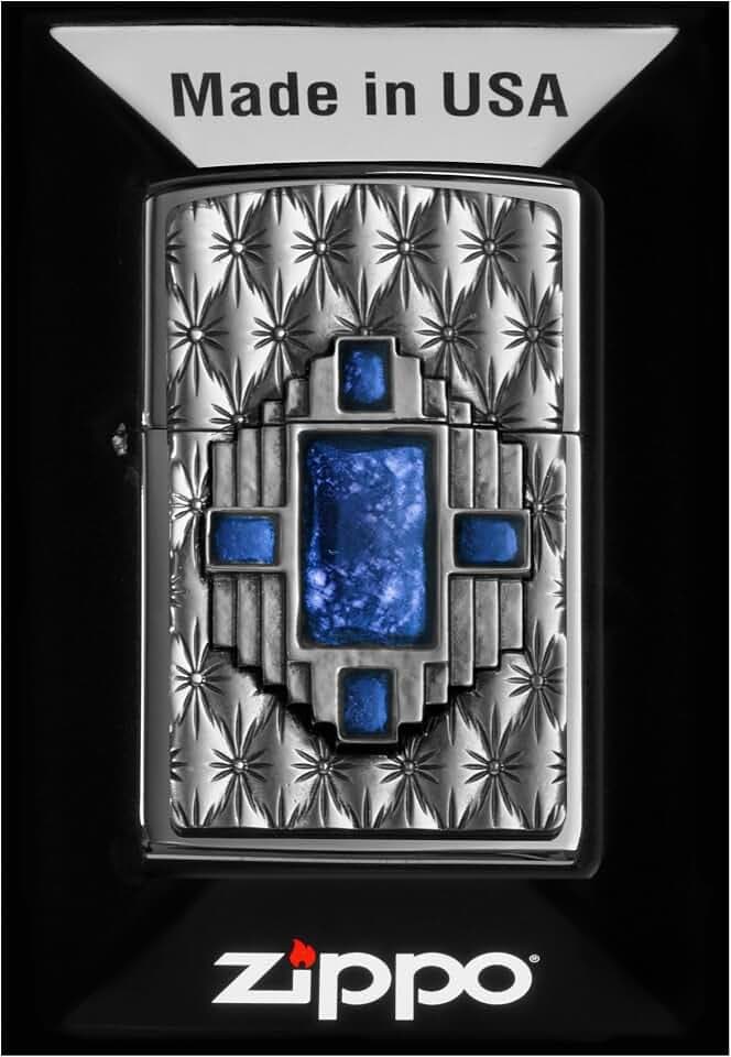 Zippo Sturmfeuerzeug - Blue Diamond, High Polish Chrome, Emblem - Nachfüllbar - Wiederverwendbar - Windfestes Design - Geschenkbox - Made in USA