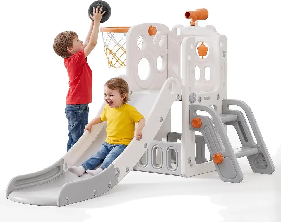 Hurtle 6 in 1 Toddler Slide Indoor, Kids Playset for Toddlers Age 1-3 with Basketball Hoop and Telescope, Non-Slip Steps, Sturdy Indoor Playground for Living Room, Great Birthday Gift, Gray