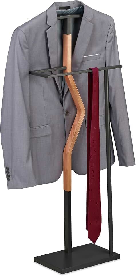 Relaxdays Herrendiener, Jackett & Hose, HxBxT: 107x48x20 cm, Metall & Holzoptik, Stiller Diener Schlafzimmer, grau/Natur