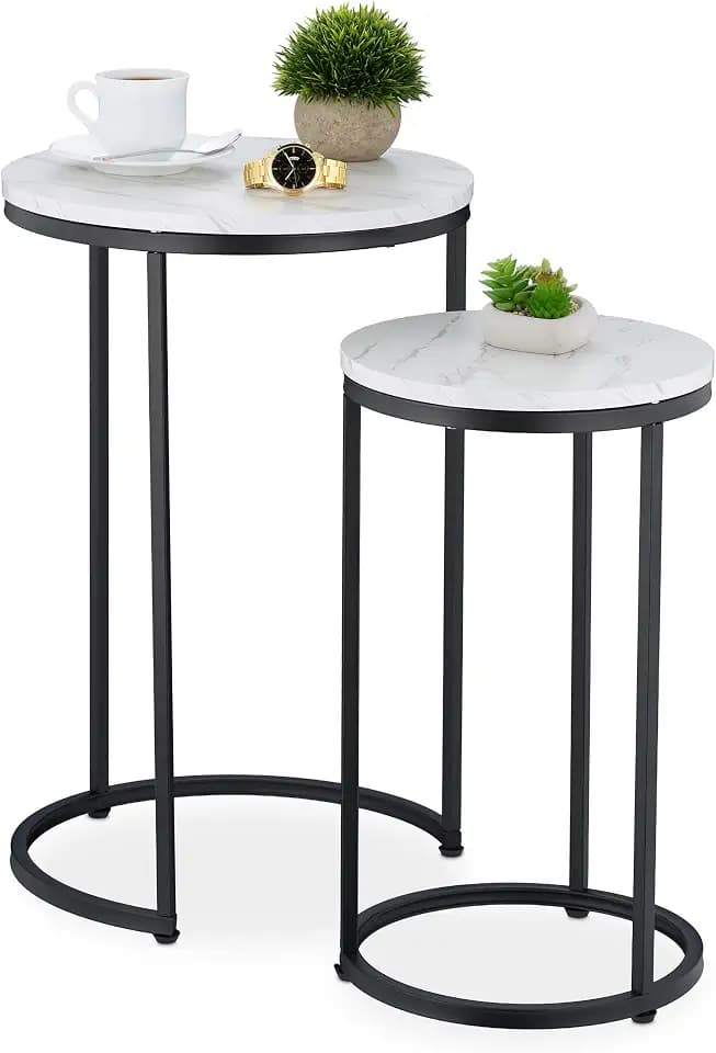 Relaxdays Satztisch, 2er Set, 2 Größen, Marmoroptik, Metall, runde Beistelltische, Wohnzimmer Couchtisch, weiß/schwarz