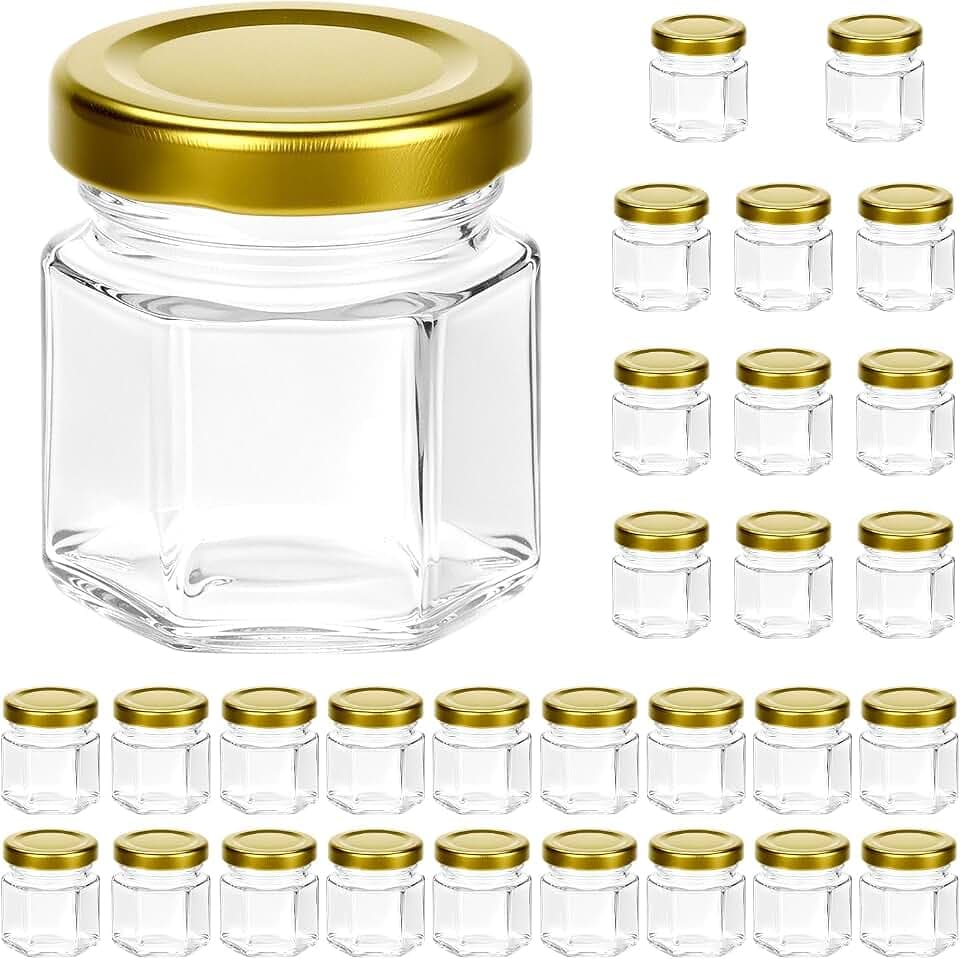 QWORK® 30 stück mini hexagon gläser 45 ml, mini glas honiggläser m, mit goldenen deckeln