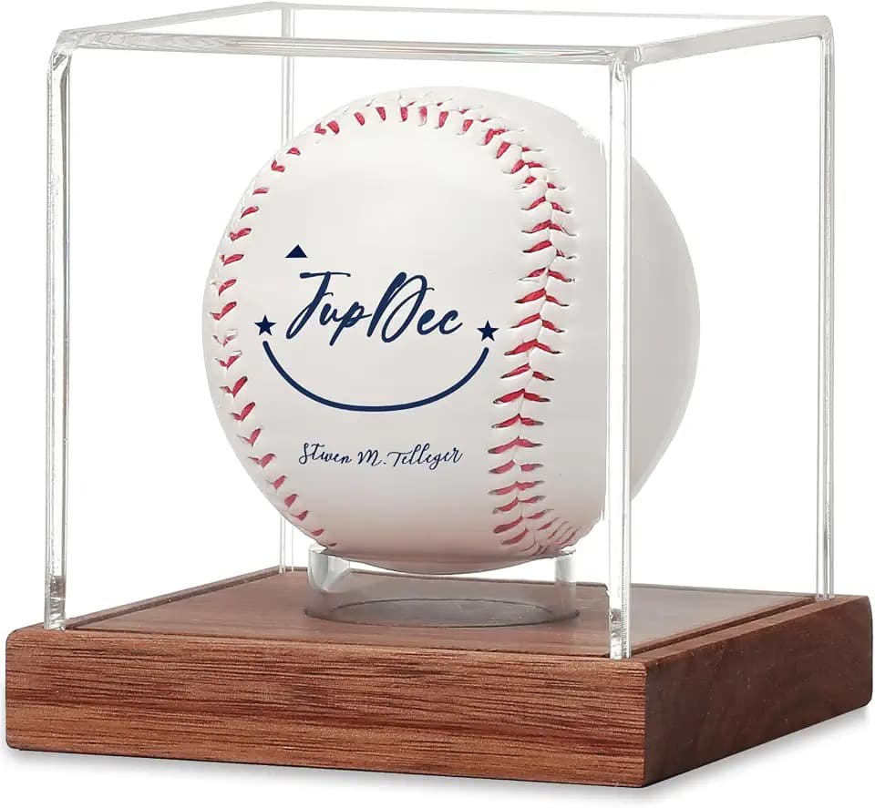 JupDec Baseball Display Case, Clear Cube Baseball Holder with Wooden Base, Autograph Baseball Stand Box for Single Ball, Acacia Wood, Brown, 2 Pack