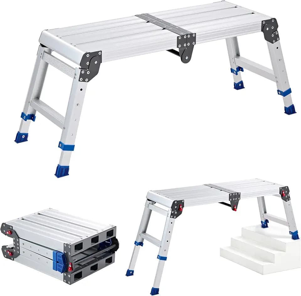 VEVOR Folding Work Platform, Adjustable Height 14.2-20 in, 500 lbs Capacity Aluminum Step Stool, Heavy Duty Non-Slip Platform Ladder, Portable Work Bench for Painting, Cleaning, Home & Professional