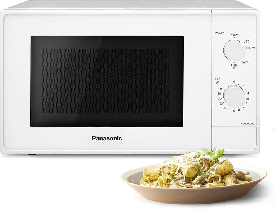 Panasonic NN-E20JWMEBG Mikrowellenofen mit Glasteller, 20L, 800W, Auftaufunktion, 5 Leistungsstufen, Timer, Weiß, 2025 Modell
