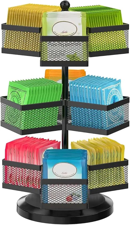 iDavosic.ly Metall Teebeutelhalter, Drehbar Teeboxen für Teebeutel Teebox Groß mit 9 Fächern, Teeregal Teebeutel Aufbewahrungsbox Tee Organizer für 108 Tea Bag (Schwarz)