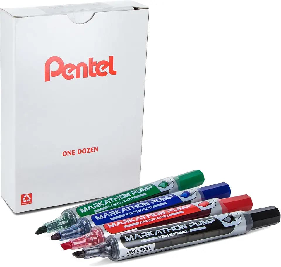 Pentel Markathon Pump Permanent Marker, Chisel Tip, Assorted color, 12 Pack (NLF60X-12M)