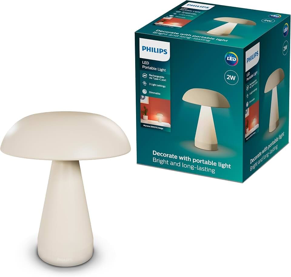 Philips LED-Tischleuchte, Pilzleuchte, 150 lm, 1.800-mAh-Akku, gleichbleibende Helligkeit, minimalistisches Design, wählbare Weißlichttöne, Dimmen per Berührung