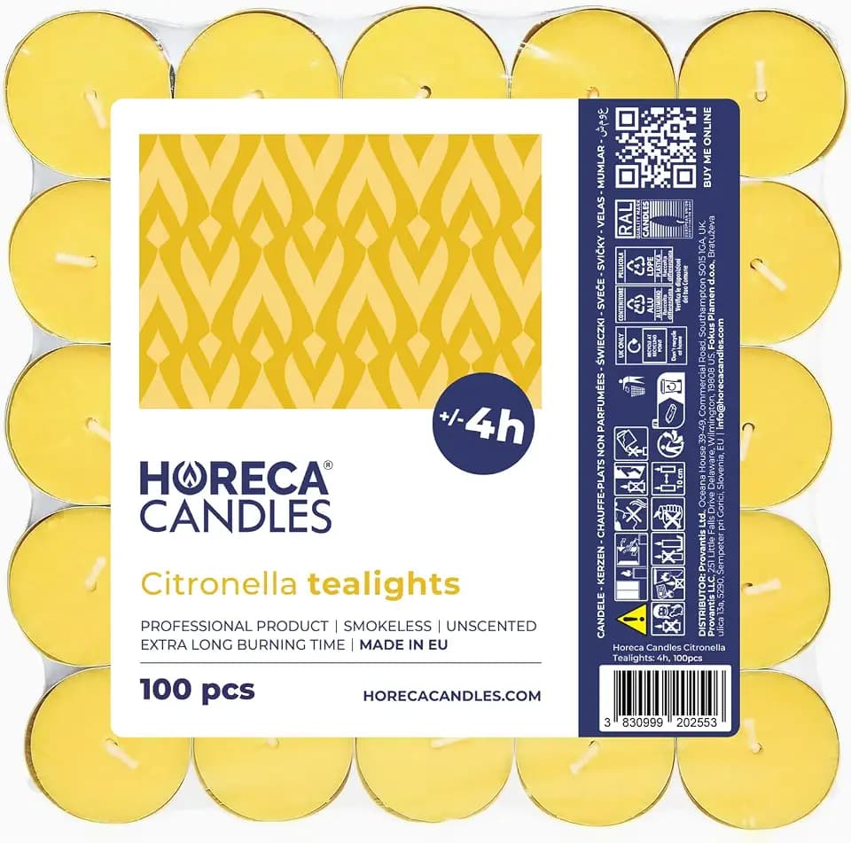 Horeca Candles - Citronella Teelichter - Set mit 100er Kerzen, Gelbe - Duftkerzen mit 4 Stunden Brenndauer - Für den Außenbereich, Balkon, Picknick, Camping